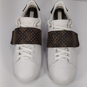 Louis Vuitton White Sneakers with Brown Strap size 8 pre owned Exellent Con